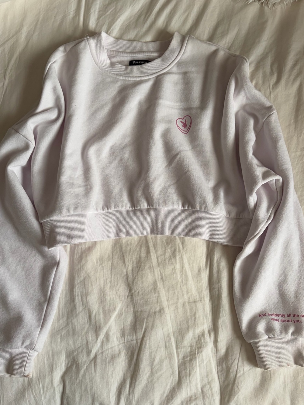 PLAYBOY Cropped Crewneck Sweatshirt - White with Pink Heart